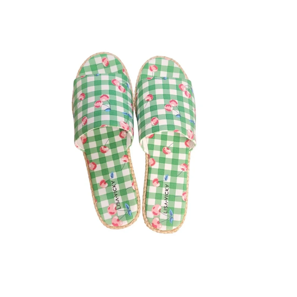 Lisa Vicky Slide Sandals Womens 11‎ Green Gingham Cherry Platform Excellent
